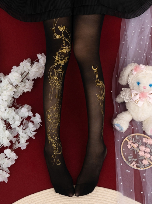 Moon Palace Series Black Chinese Style Summer Thin Golden Handwork Printing Classic Lolita Pantyhose