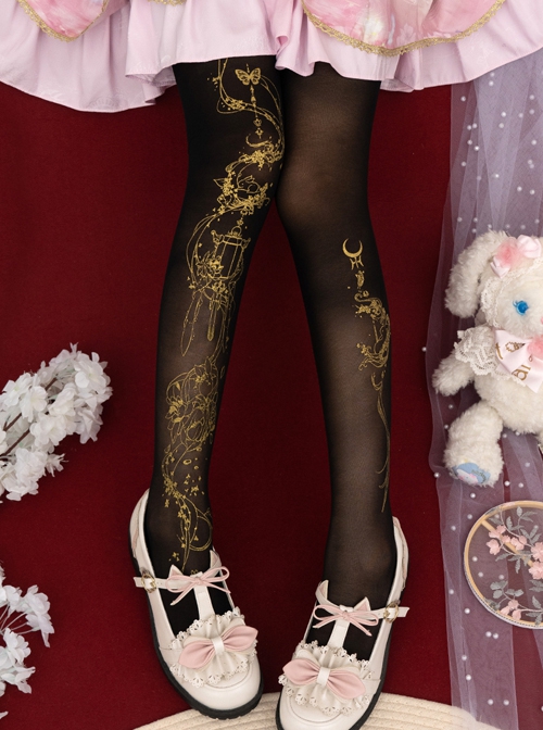 Moon Palace Series Black Chinese Style Summer Thin Golden Handwork Printing Classic Lolita Pantyhose