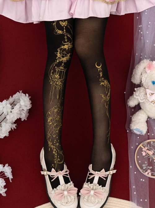 Moon Palace Series Black Chinese Style Summer Thin Golden Handwork Printing Classic Lolita Pantyhose