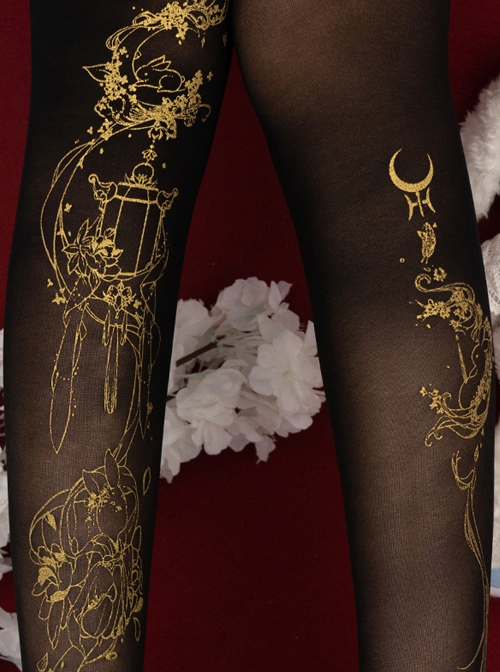 Moon Palace Series Black Chinese Style Summer Thin Golden Handwork Printing Classic Lolita Pantyhose