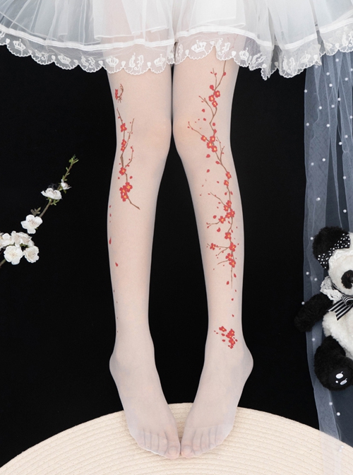Chinese Style Red Plum Blossom Handwork Printed Summer Thin Velvet Classic Lolita Pantyhose