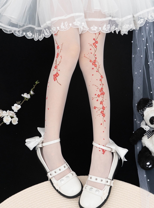 Chinese Style Red Plum Blossom Handwork Printed Summer Thin Velvet Classic Lolita Pantyhose