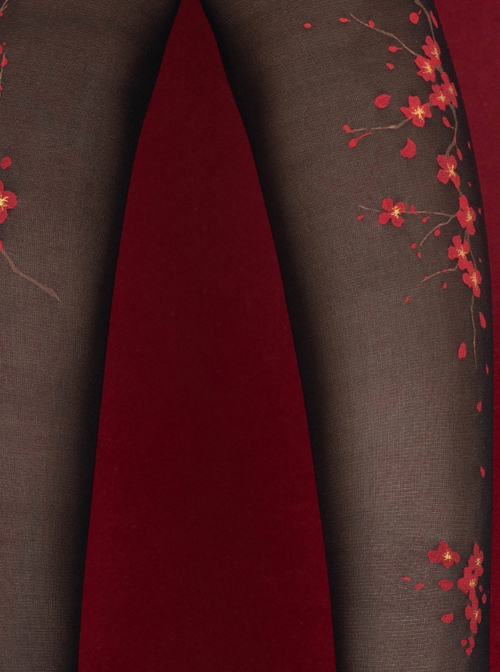 Chinese Style Red Plum Blossom Handwork Printed Summer Thin Velvet Classic Lolita Pantyhose