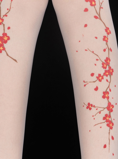 Chinese Style Red Plum Blossom Handwork Printed Summer Thin Velvet Classic Lolita Pantyhose