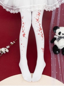 Chinese Style Autumn Winter Velvet Handwork Red Plum Blossom Printing Classic Lolita Pantyhose