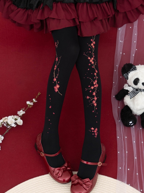 Chinese Style Autumn Winter Velvet Handwork Red Plum Blossom Printing Classic Lolita Pantyhose