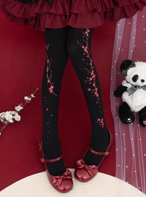 Chinese Style Autumn Winter Velvet Handwork Red Plum Blossom Printing Classic Lolita Pantyhose