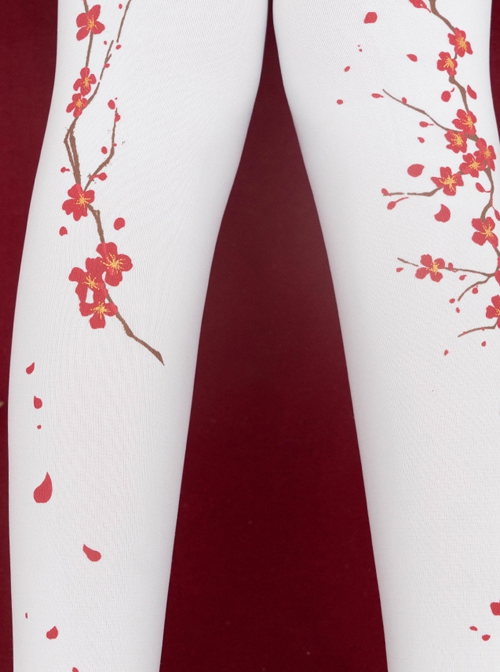 Chinese Style Autumn Winter Velvet Handwork Red Plum Blossom Printing Classic Lolita Pantyhose