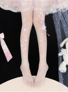 Summer Thin Chinese Style Stereoscopic Flower Decoration Peach Blossom Print Classic Lolita Pantyhose