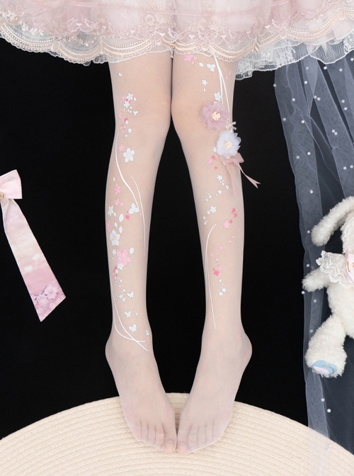 Summer Thin Chinese Style Stereoscopic Flower Decoration Peach Blossom Print Classic Lolita Pantyhose