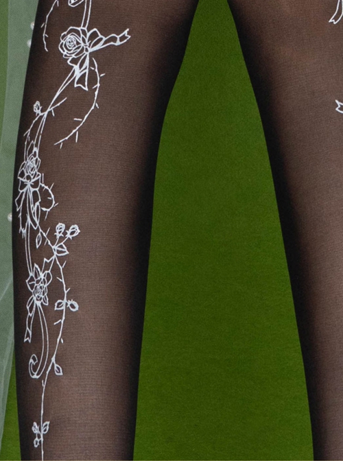 Pure Color Summer Thin Rose Thorns Handwork Printed Daily Simple Classic Lolita Pantyhose