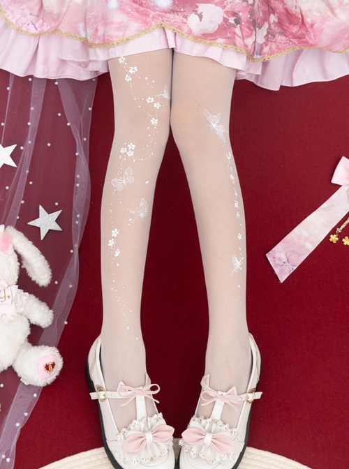 Butterfly Love Flower Series Chinese Style Pure Color Butterfly Flower Printing Summer Thin Classic Lolita Pantyhose