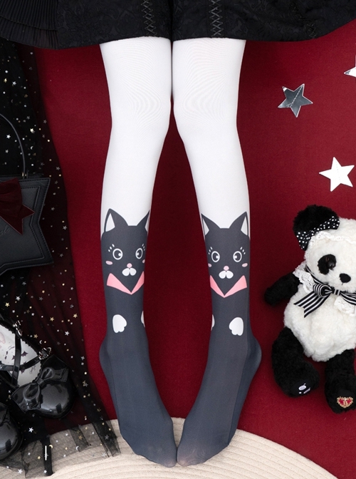 Animal Rhapsody Series Black White Cat Velvet Print Spring Autumn Daily Classic Lolita Pantyhose
