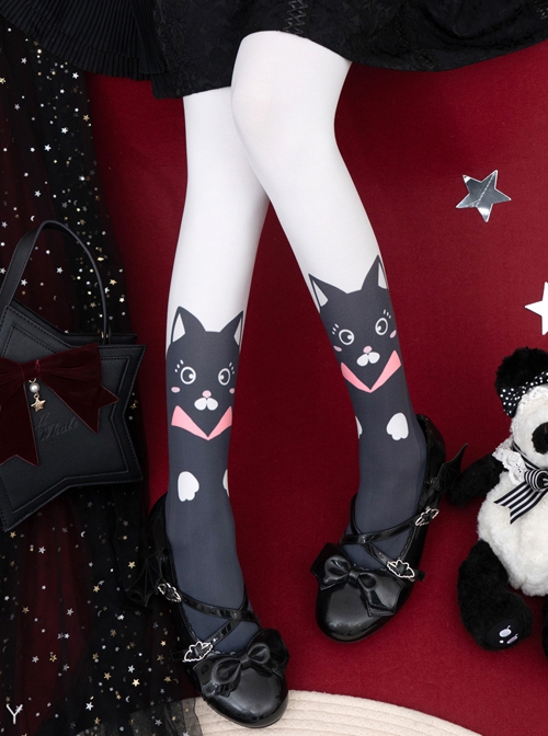 Animal Rhapsody Series Black White Cat Velvet Print Spring Autumn Daily Classic Lolita Pantyhose