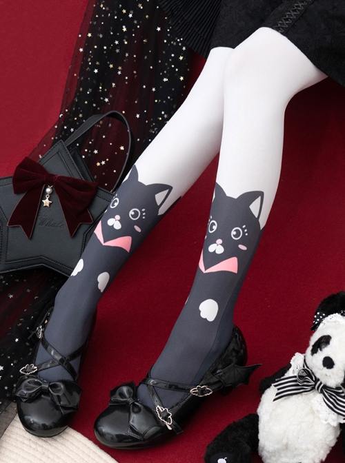 Animal Rhapsody Series Black White Cat Velvet Print Spring Autumn Daily Classic Lolita Pantyhose