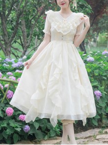 Apricot V-Neck Lace Daily Elegant Lily Satin Bowknot Ribbon Decoration Classic Lolita Short Sleeve Dress