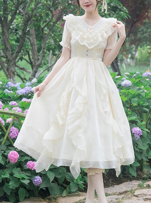 Apricot V-Neck Lace Daily Elegant Lily Satin Bowknot Ribbon Decoration Classic Lolita Short Sleeve Dress