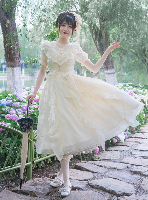 Apricot V-Neck Lace Daily Elegant Lily Satin Bowknot Ribbon Decoration Classic Lolita Short Sleeve Dress