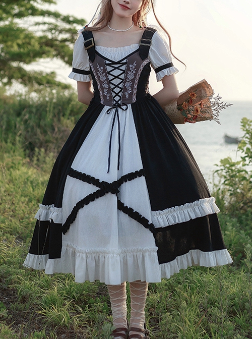 Bavarian Style Rose Embroidery Binding Band Design Vintage Metal Buckle Decoration Black White Classic Lolita Short Sleeve Dress