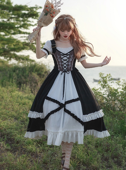 Bavarian Style Rose Embroidery Binding Band Design Vintage Metal Buckle Decoration Black White Classic Lolita Short Sleeve Dress