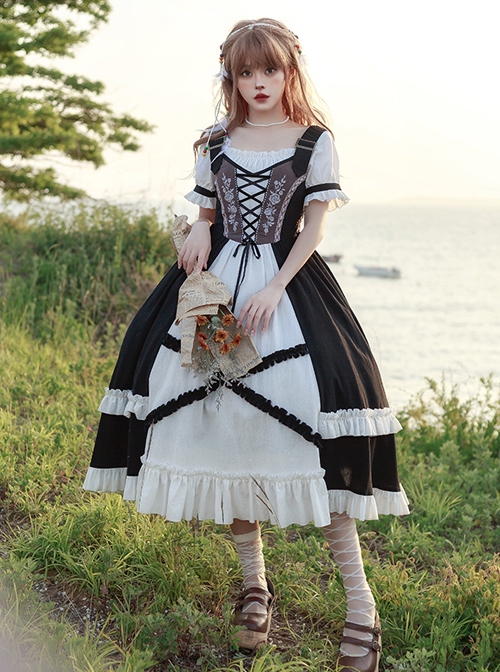 Bavarian Style Rose Embroidery Binding Band Design Vintage Metal Buckle Decoration Black White Classic Lolita Short Sleeve Dress