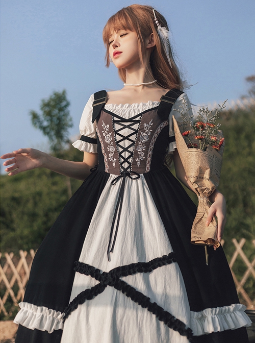 Bavarian Style Rose Embroidery Binding Band Design Vintage Metal Buckle Decoration Black White Classic Lolita Short Sleeve Dress