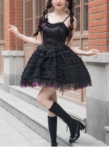 Midnight Ballet Series Black Purple Lace Stitching Ballet Style Detachable Camellia Flower Brooch Decoration Classic Lolita Sleeveless Dress