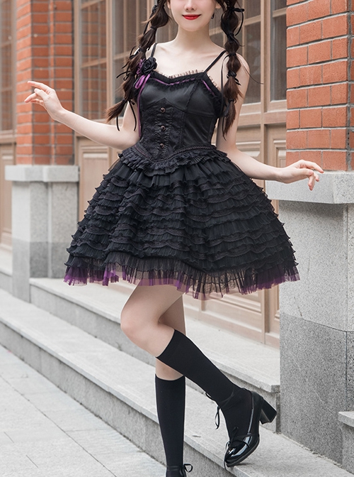 Midnight Ballet Series Black Purple Lace Stitching Ballet Style Detachable Camellia Flower Brooch Decoration Classic Lolita Sleeveless Dress