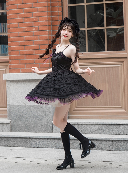 Midnight Ballet Series Black Purple Lace Stitching Ballet Style Detachable Camellia Flower Brooch Decoration Classic Lolita Sleeveless Dress