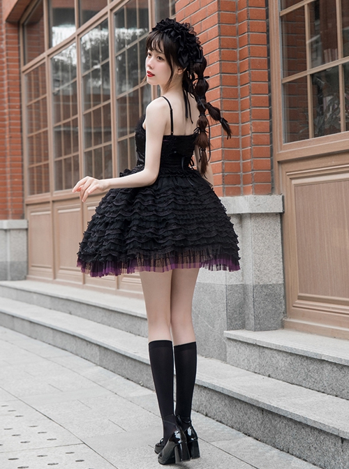 Midnight Ballet Series Black Purple Lace Stitching Ballet Style Detachable Camellia Flower Brooch Decoration Classic Lolita Sleeveless Dress