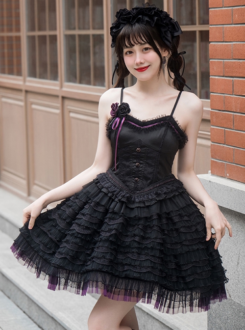 Midnight Ballet Series Black Purple Lace Stitching Ballet Style Detachable Camellia Flower Brooch Decoration Classic Lolita Sleeveless Dress