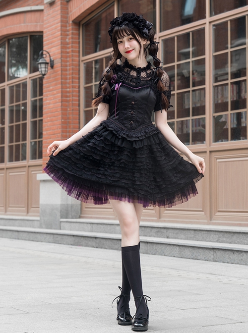 Midnight Ballet Series Black Purple Lace Stitching Ballet Style Detachable Camellia Flower Brooch Decoration Classic Lolita Sleeveless Dress