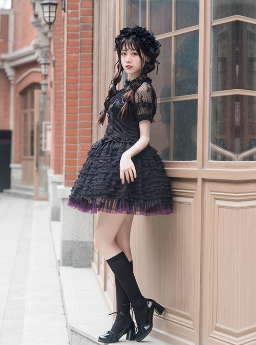 Midnight Ballet Series Black Purple Lace Stitching Ballet Style Detachable Camellia Flower Brooch Decoration Classic Lolita Sleeveless Dress