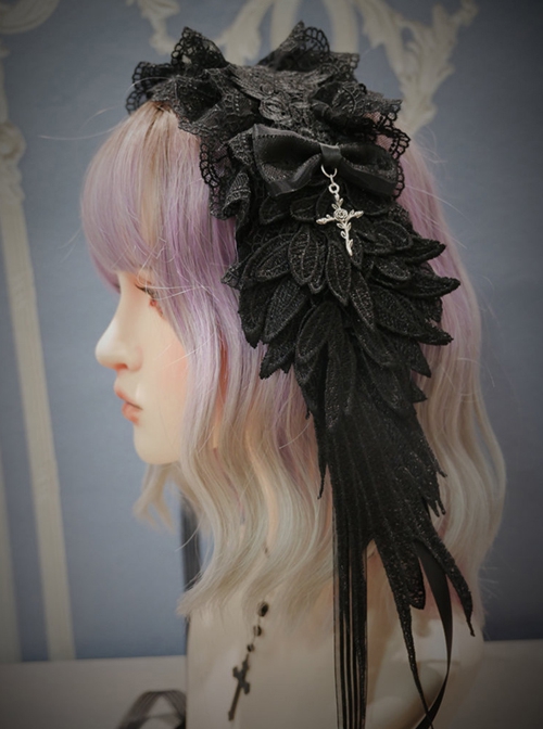 Demon Wings Series Bowknot Decoration Three-Dimensional Embroidered Wings Handmade Cross Gothic Lolita Headband