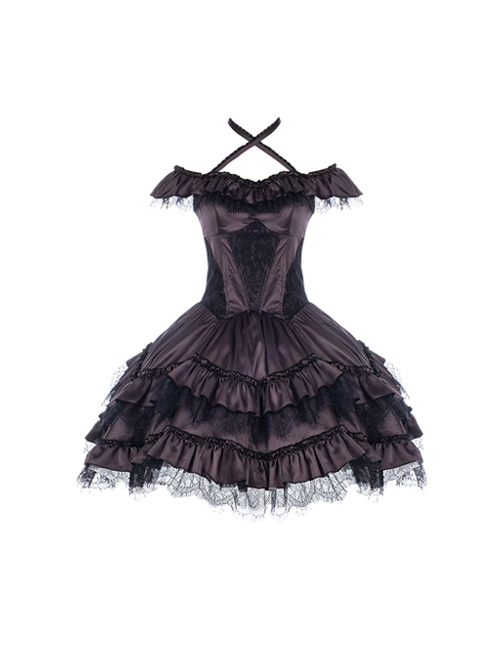 Silent Melody Series Ballet Style Pure Color Backless Elegant Lace Stitching Gothic Lolita Short Sleeve Dress