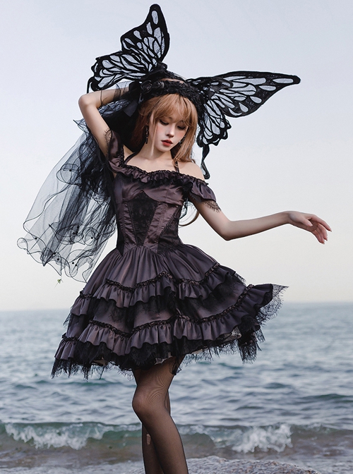 Silent Melody Series Ballet Style Pure Color Backless Elegant Lace Stitching Gothic Lolita Short Sleeve Dress