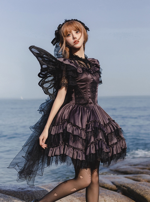 Silent Melody Series Ballet Style Pure Color Backless Elegant Lace Stitching Gothic Lolita Short Sleeve Dress