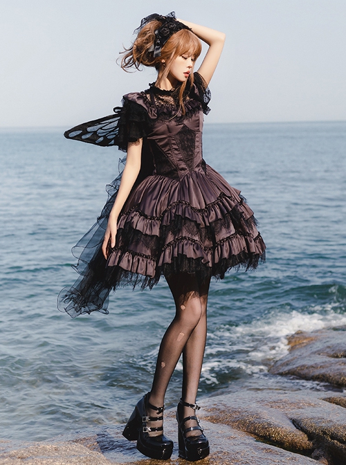 Silent Melody Series Ballet Style Pure Color Backless Elegant Lace Stitching Gothic Lolita Short Sleeve Dress