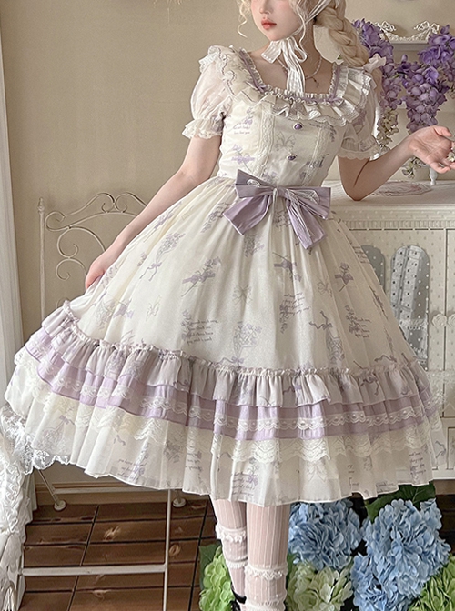 Purple Bellflower Print Cute Puff Sleeves Lace Ruffles Hem Elegant Square Neck Classic Lolita Short Sleeve Dress