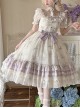 Purple Bellflower Print Cute Puff Sleeves Lace Ruffles Hem Elegant Square Neck Classic Lolita Short Sleeve Dress