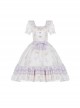 Purple Bellflower Print Cute Puff Sleeves Lace Ruffles Hem Elegant Square Neck Classic Lolita Short Sleeve Dress