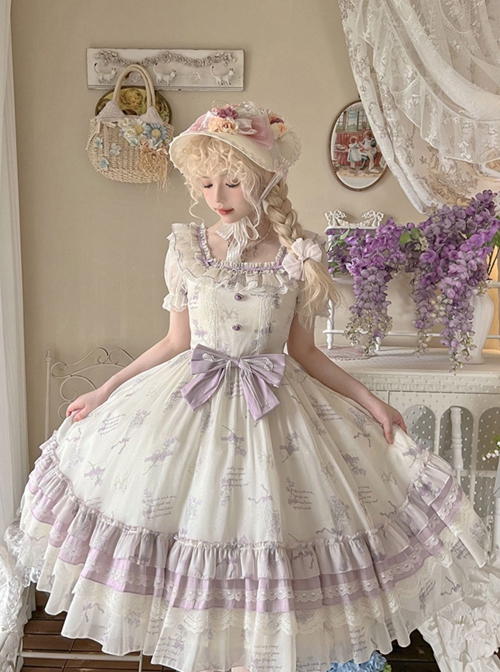 Purple Bellflower Print Cute Puff Sleeves Lace Ruffles Hem Elegant Square Neck Classic Lolita Short Sleeve Dress