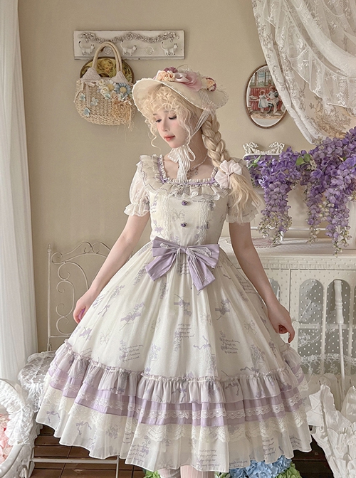 Purple Bellflower Print Cute Puff Sleeves Lace Ruffles Hem Elegant Square Neck Classic Lolita Short Sleeve Dress