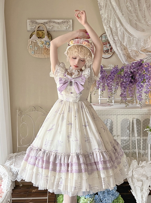 Purple Bellflower Print Cute Puff Sleeves Lace Ruffles Hem Elegant Square Neck Classic Lolita Short Sleeve Dress