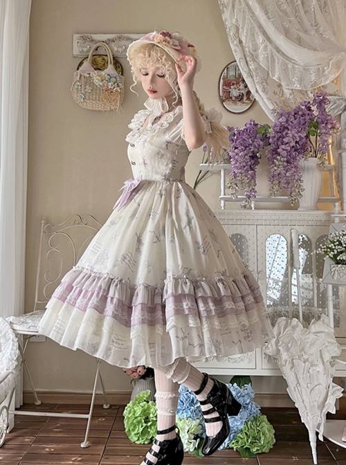 Purple Bellflower Print Cute Puff Sleeves Lace Ruffles Hem Elegant Square Neck Classic Lolita Short Sleeve Dress