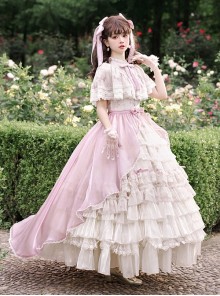 Elegant Gorgeous Lace Collar Purple Bellflower Print Chiffon Ruffle Hem Classic Lolita Short Sleeve Dress Set