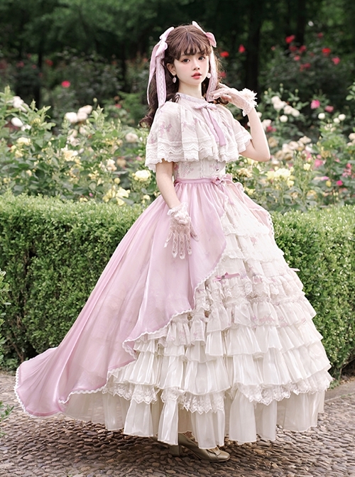 Elegant Gorgeous Lace Collar Purple Bellflower Print Chiffon Ruffle Hem Classic Lolita Short Sleeve Dress Set
