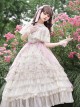 Elegant Gorgeous Lace Collar Purple Bellflower Print Chiffon Ruffle Hem Classic Lolita Short Sleeve Dress Set