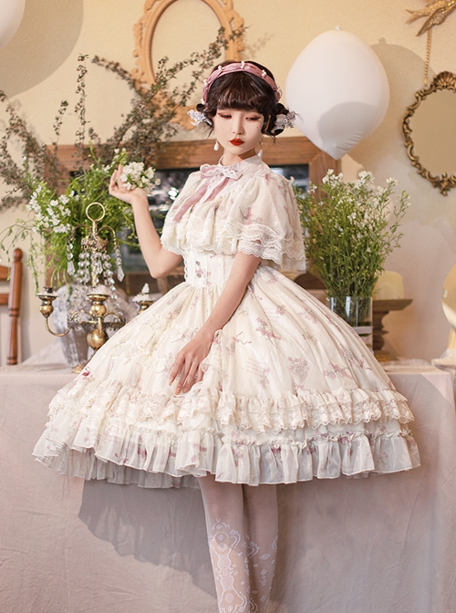 Elegant Gorgeous Lace Collar Purple Bellflower Print Chiffon Ruffle Hem Classic Lolita Short Sleeve Dress Set