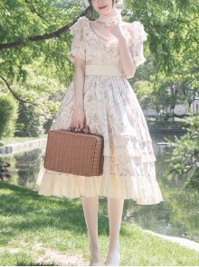 Summer Solstice Series Lace Translucent Design Daisy Cherry Floral Print Ruffle Hem Summer Classic Lolita Short Sleeve Dress